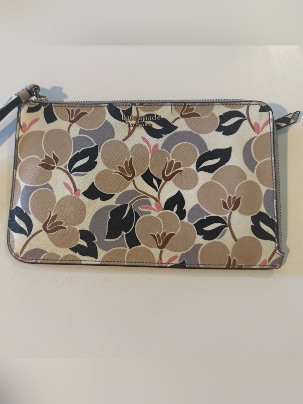 kate spade Floral Print Zip Wristlet in Beige, Black & Pink